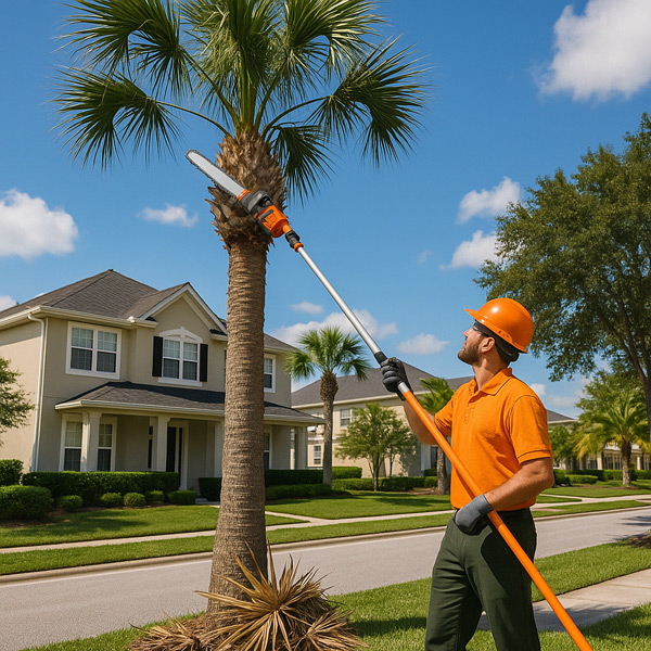 HOA selected tree trimmer - trimming palm tree with pole saw in orlando